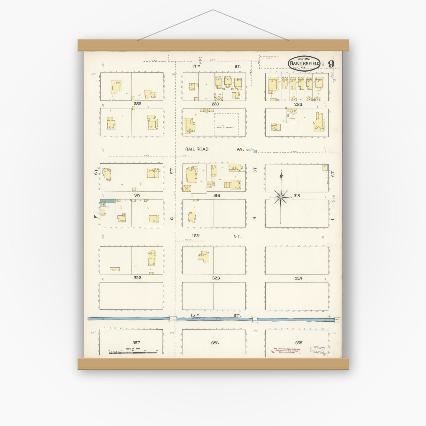 Old map wall art mockup — magnetic wood frame on white wall — Sanborn Fire Insurance Map from Bakersfield, Kern County, California (1892), Sheet #0009