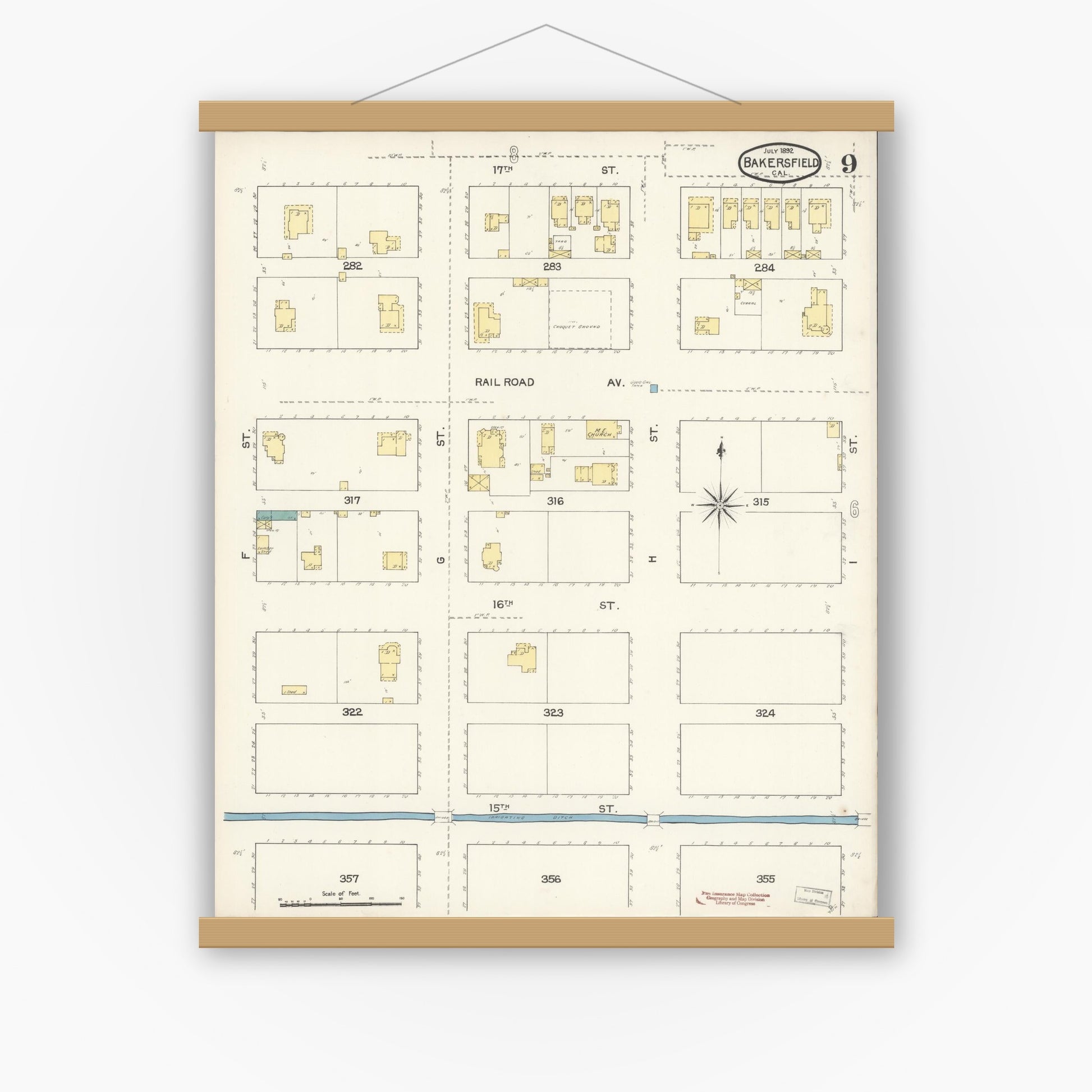 Old map wall art mockup — magnetic wood frame on white wall — Sanborn Fire Insurance Map from Bakersfield, Kern County, California (1892), Sheet #0009