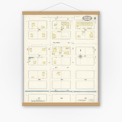Old map wall art mockup — magnetic wood frame on white wall — Sanborn Fire Insurance Map from Bakersfield, Kern County, California (1892), Sheet #0009