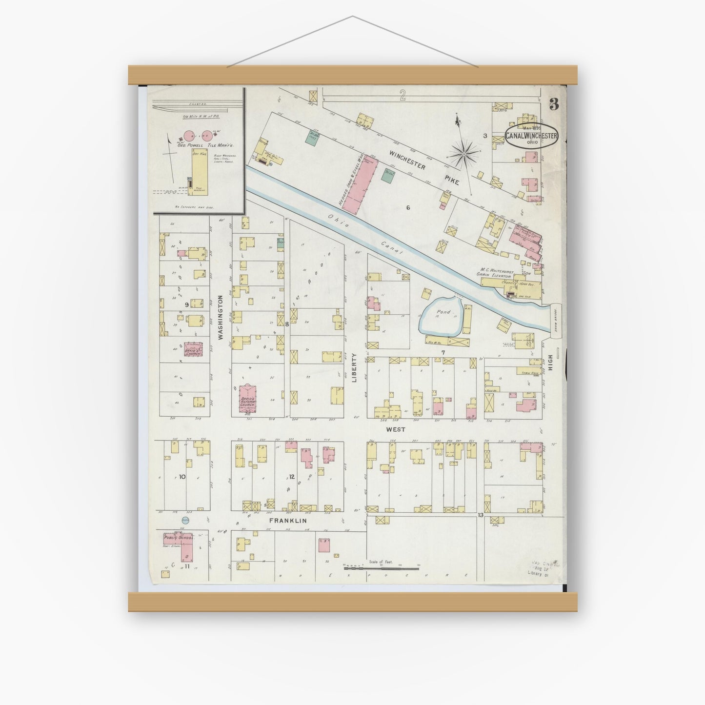 Old map wall art mockup — magnetic wood frame on white wall — Sanborn Fire Insurance Map from Canal Winchester, Franklin County, Ohio (1895), Sheet #0003