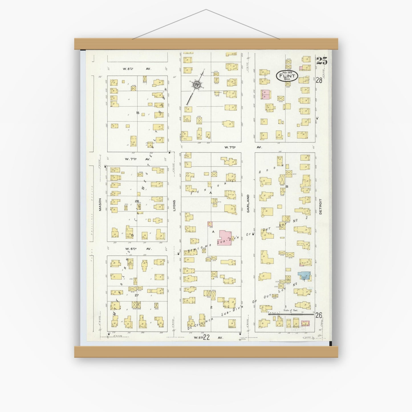 Old map wall art mockup — magnetic wood frame on white wall — Sanborn Fire Insurance Map from Flint, Genesee County, Michigan (1909), Sheet #0025
