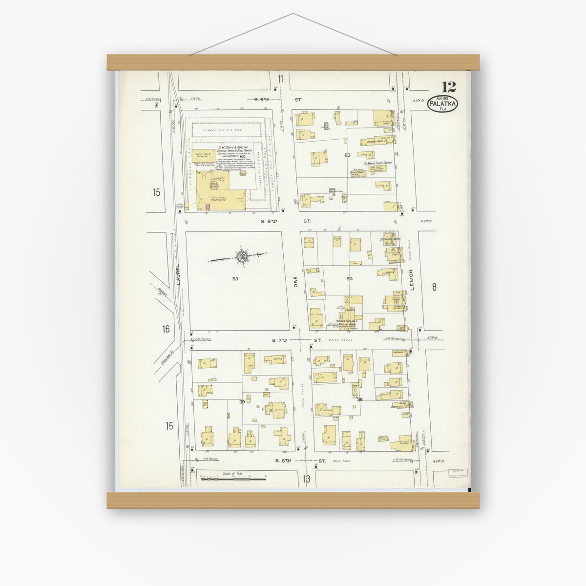 Old map wall art mockup — magnetic wood frame on white wall — Sanborn Fire Insurance Map from Palatka, Putnam County, Florida (1915), Sheet #0012