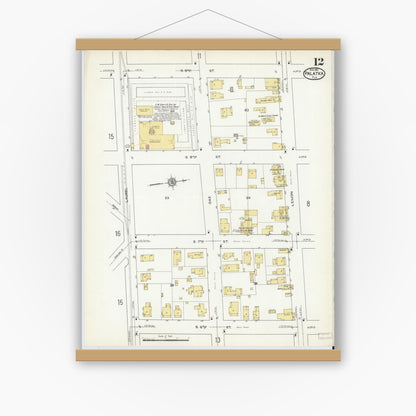 Old map wall art mockup — magnetic wood frame on white wall — Sanborn Fire Insurance Map from Palatka, Putnam County, Florida (1915), Sheet #0012