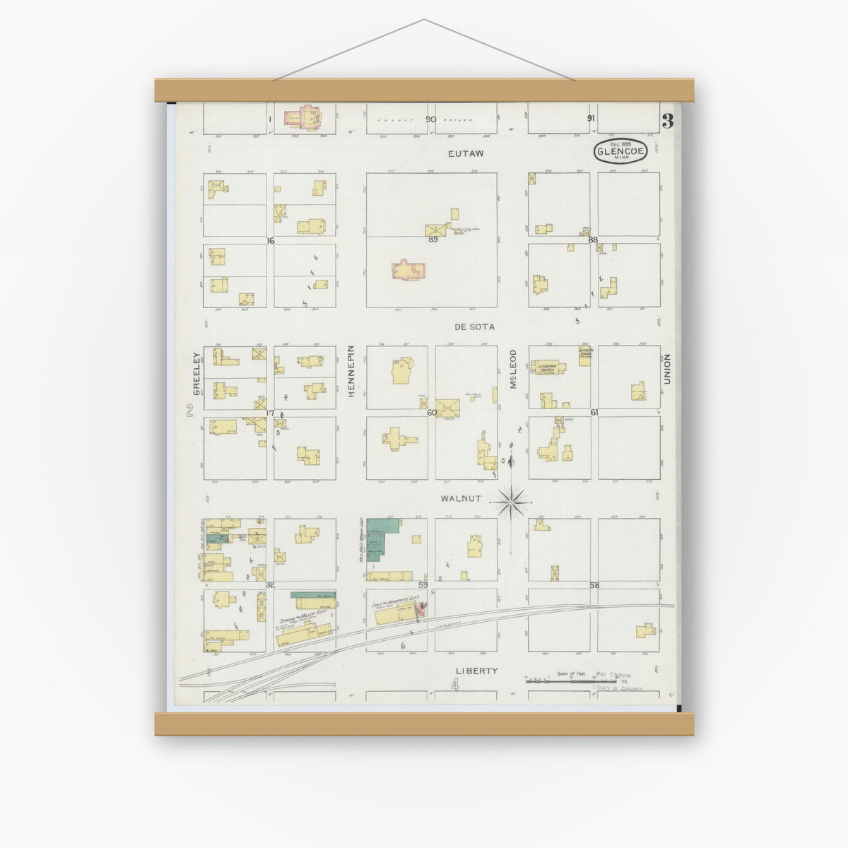Old map wall art mockup — magnetic wood frame on white wall — Sanborn Fire Insurance Map from Glencoe, Mcleod County, Minnesota (1893), Sheet #0003
