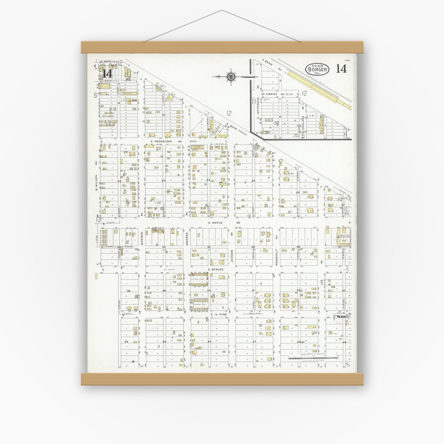 Old map wall art mockup — magnetic wood frame on white wall — Sanborn Fire Insurance Map from Borger, Hutchinson County, Texas (1928), Sheet #0014