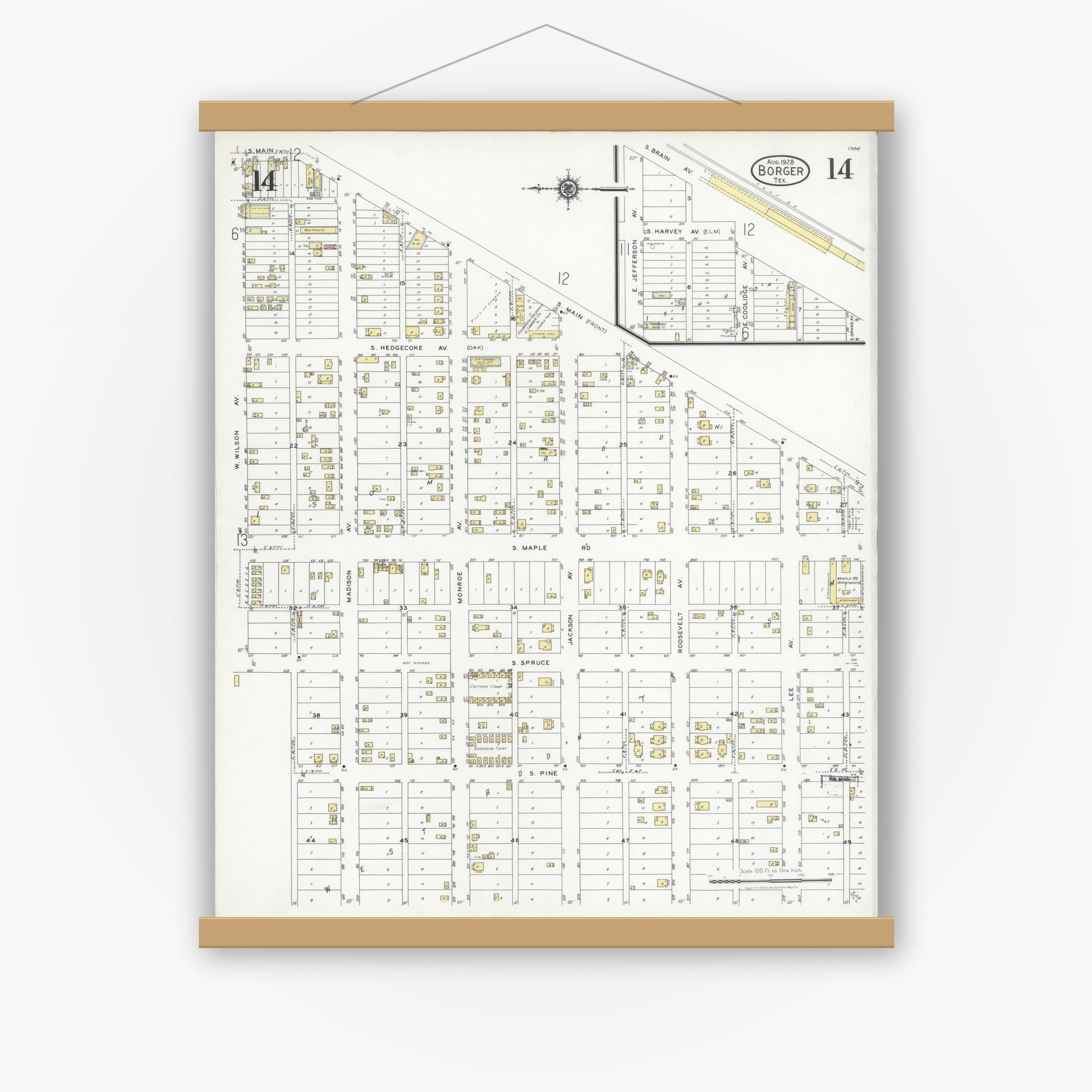 Old map wall art mockup — magnetic wood frame on white wall — Sanborn Fire Insurance Map from Borger, Hutchinson County, Texas (1928), Sheet #0014