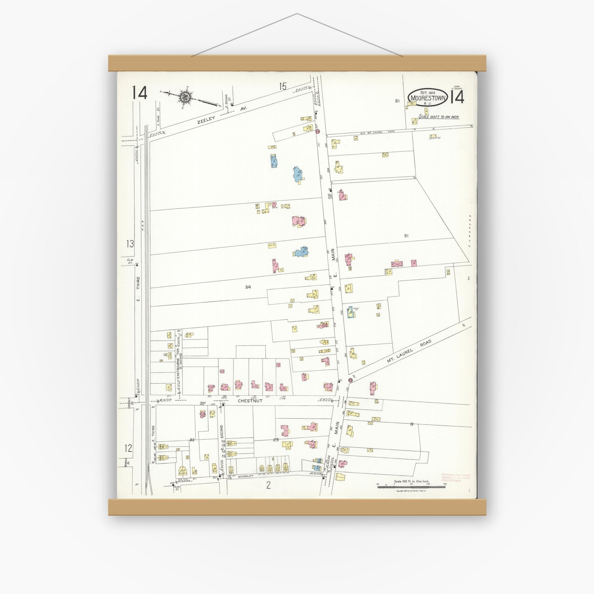 Old map wall art mockup — magnetic wood frame on white wall — Sanborn Fire Insurance Map from Moorestown, Burlington County, New Jersey (1923), Sheet #0014
