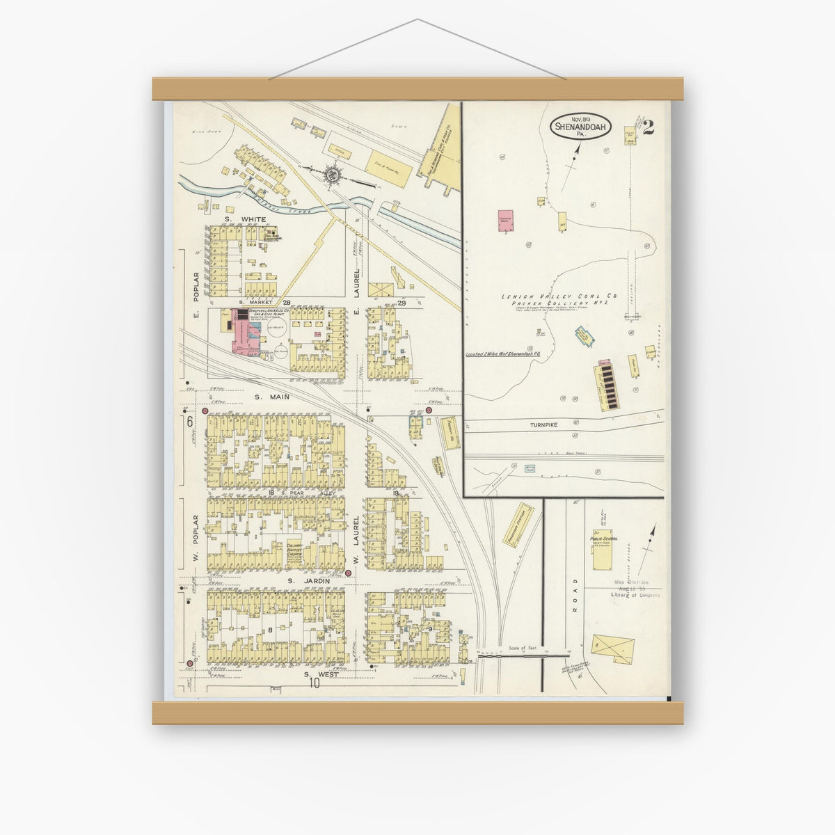 Old map wall art mockup — magnetic wood frame on white wall — Sanborn Fire Insurance Map from Shenandoah, Schuylkill County, Pennsylvania (1913), Sheet #0002