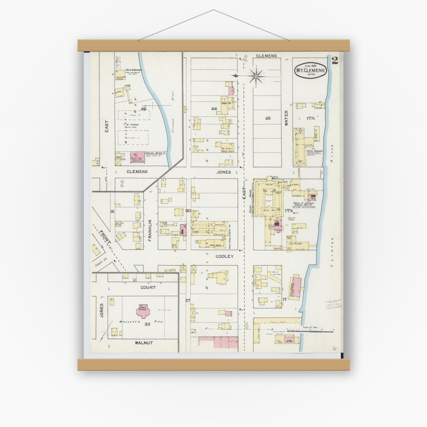 Old map wall art mockup — magnetic wood frame on white wall — Sanborn Fire Insurance Map from Mount Clemens, Macomb County, Michigan (1892), Sheet #0002