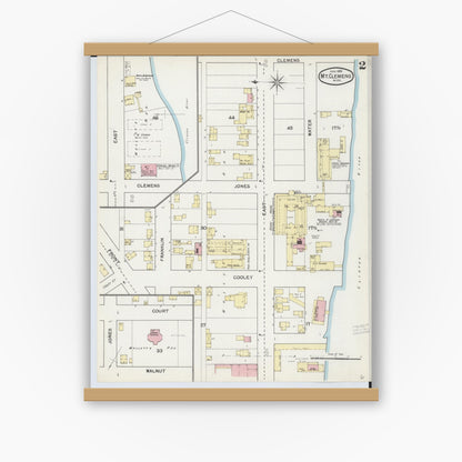 Old map wall art mockup — magnetic wood frame on white wall — Sanborn Fire Insurance Map from Mount Clemens, Macomb County, Michigan (1892), Sheet #0002
