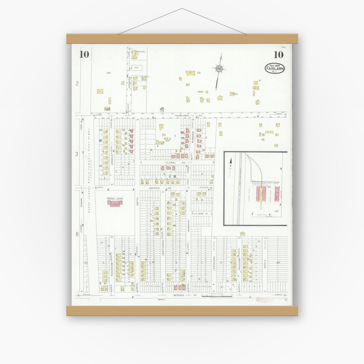 Old map wall art mockup — magnetic wood frame on white wall — Sanborn Fire Insurance Map from Fair Lawn, Bergen County, New Jersey (1929), Sheet #0010