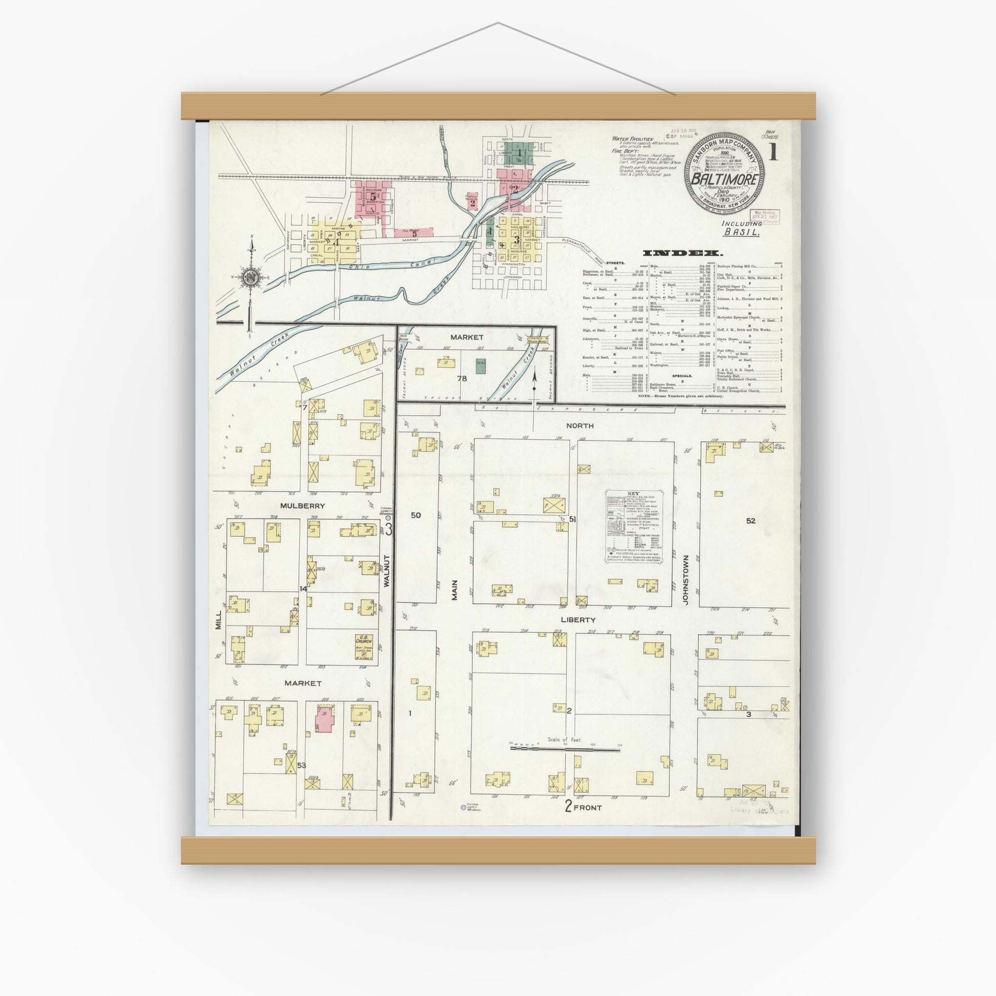 Old map wall art mockup — magnetic wood frame on white wall — Sanborn Fire Insurance Map from Baltimore, Fairfield County, Ohio (1910) - Complete Map Set