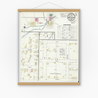 Old map wall art mockup — magnetic wood frame on white wall — Sanborn Fire Insurance Map from Baltimore, Fairfield County, Ohio (1910) - Complete Map Set
