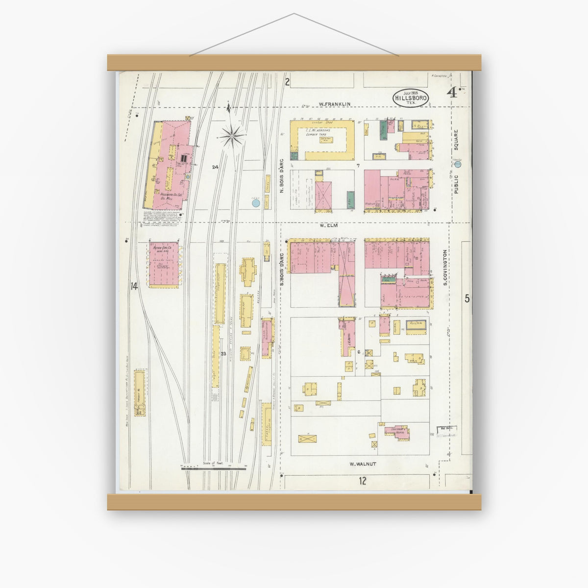 Old map wall art mockup — magnetic wood frame on white wall — Sanborn Fire Insurance Map from Hillsboro, Hill County, Texas (1905), Sheet #0004