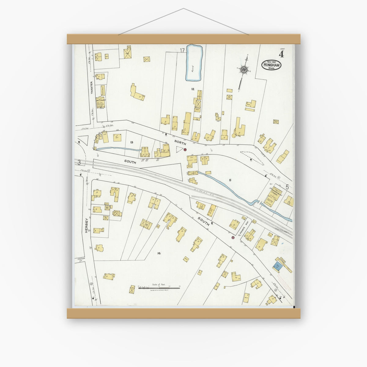 Old map wall art mockup — magnetic wood frame on white wall — Sanborn Fire Insurance Map from Hingham, Plymouth County, Massachusetts (1921), Sheet #0004