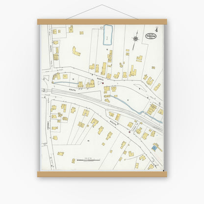 Old map wall art mockup — magnetic wood frame on white wall — Sanborn Fire Insurance Map from Hingham, Plymouth County, Massachusetts (1921), Sheet #0004