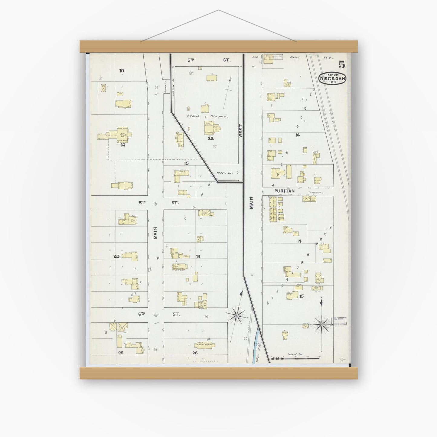Old map wall art mockup — magnetic wood frame on white wall — Sanborn Fire Insurance Map from Necedah, Juneau County, Wisconsin (1891), Sheet #0005