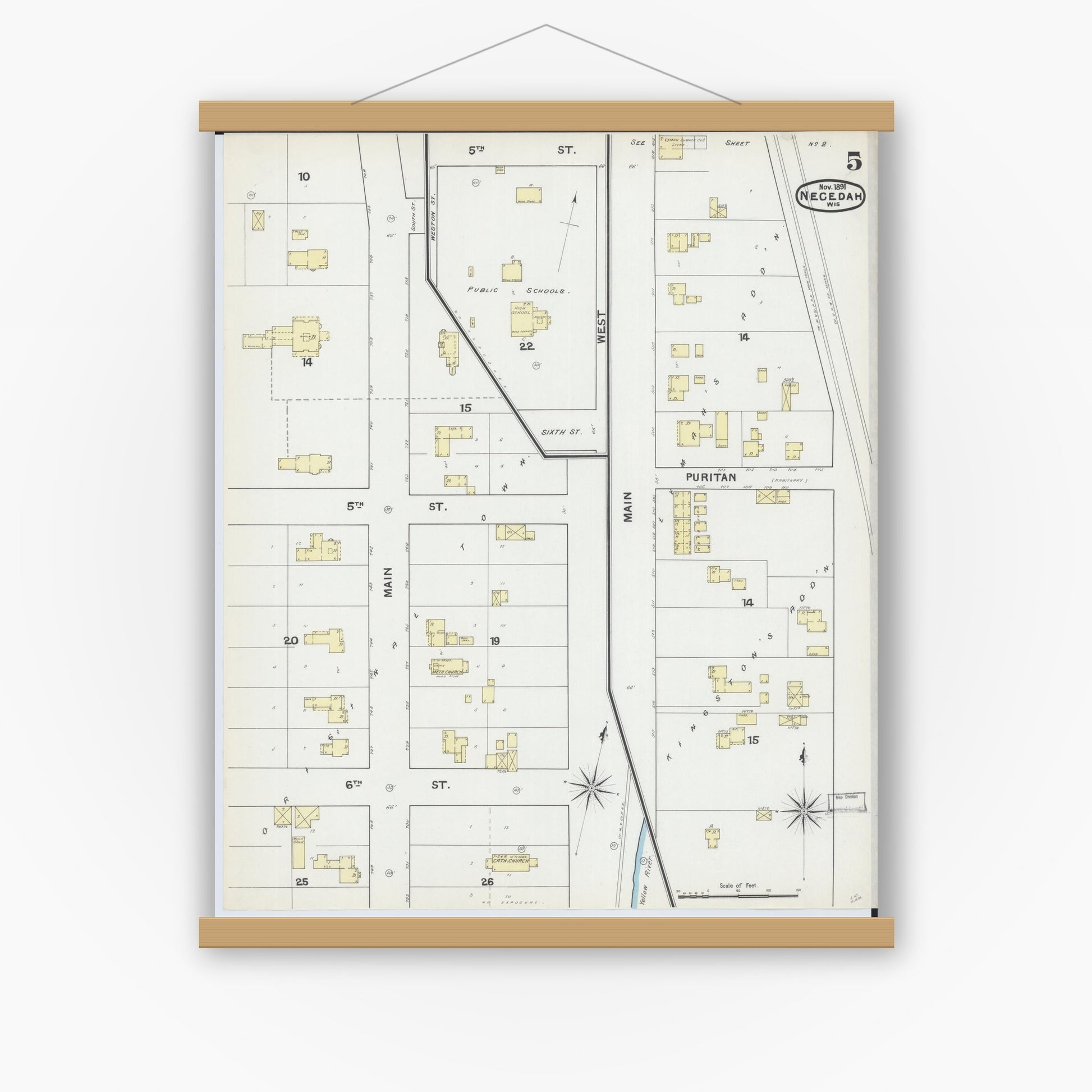 Old map wall art mockup — magnetic wood frame on white wall — Sanborn Fire Insurance Map from Necedah, Juneau County, Wisconsin (1891), Sheet #0005