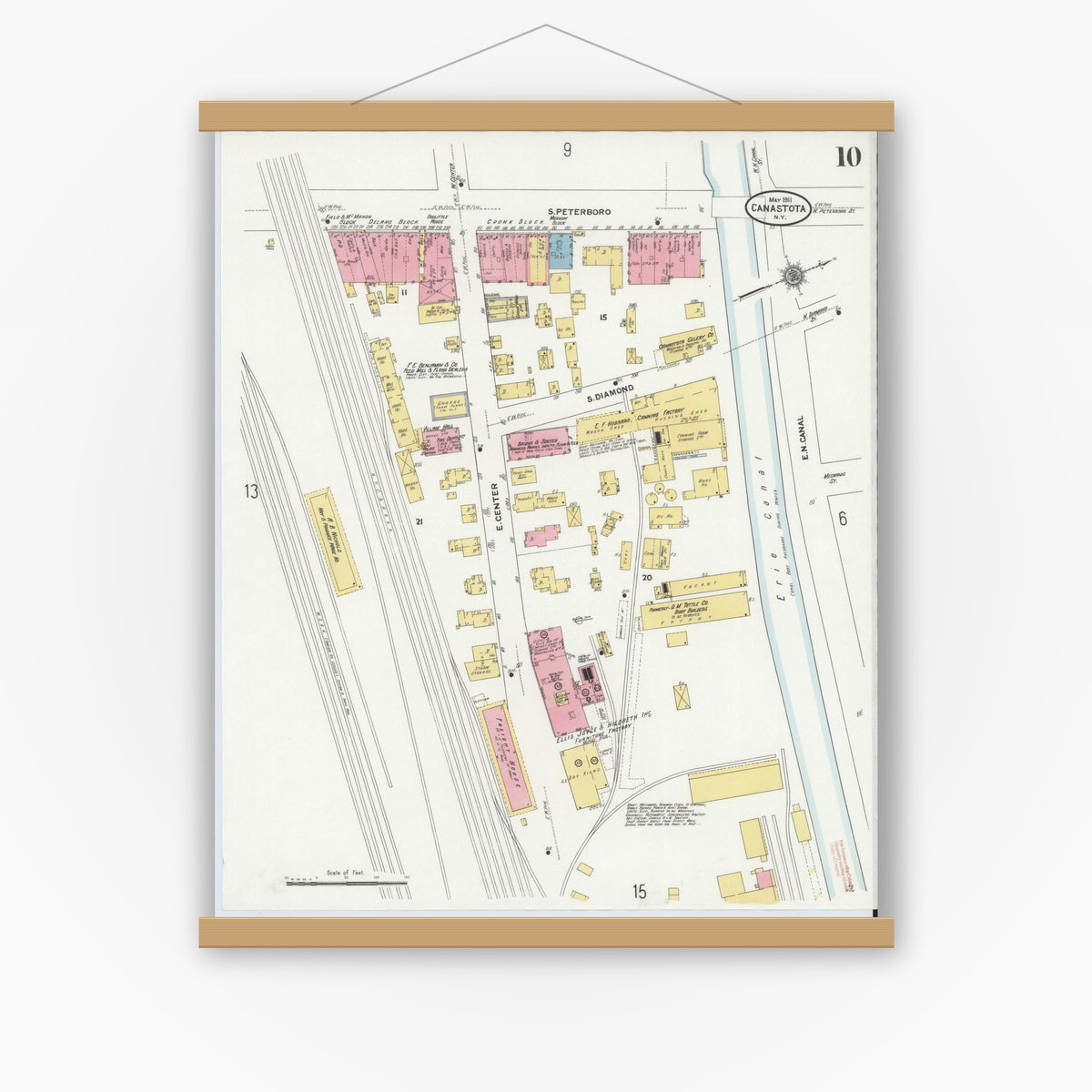 Old map wall art mockup — magnetic wood frame on white wall — Sanborn Fire Insurance Map from Canastota, Madison County, New York (1911), Sheet #0010