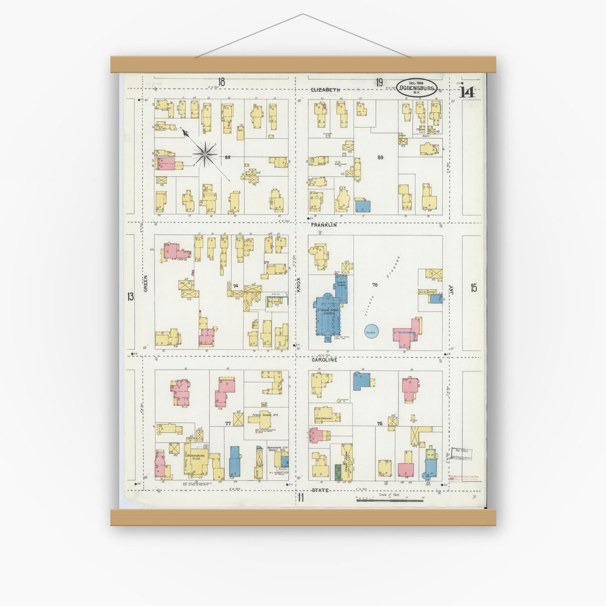 Old map wall art mockup — magnetic wood frame on white wall — Sanborn Fire Insurance Map from Ogdensburg, St. Lawrence County, New York (1904), Sheet #0014