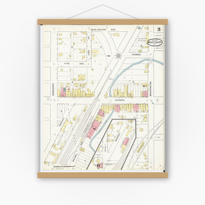 Old map wall art mockup — magnetic wood frame on white wall — Sanborn Fire Insurance Map from What Cheer, Keokuk County, Iowa (1893), Sheet #0003