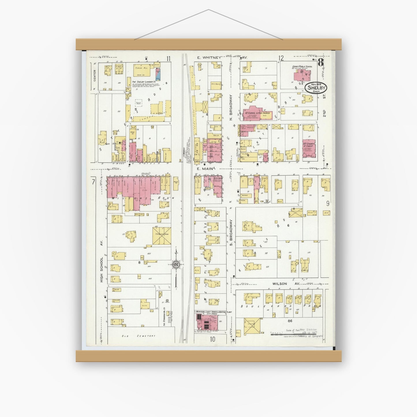 Old map wall art mockup — magnetic wood frame on white wall — Sanborn Fire Insurance Map from Shelby, Richland County, Ohio (1919), Sheet #0008