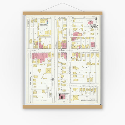 Old map wall art mockup — magnetic wood frame on white wall — Sanborn Fire Insurance Map from Shelby, Richland County, Ohio (1919), Sheet #0008