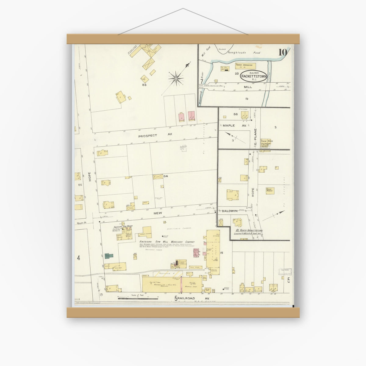 Old map wall art mockup — magnetic wood frame on white wall — Sanborn Fire Insurance Map from Hackettstown, Warren County, New Jersey (1909), Sheet #0010