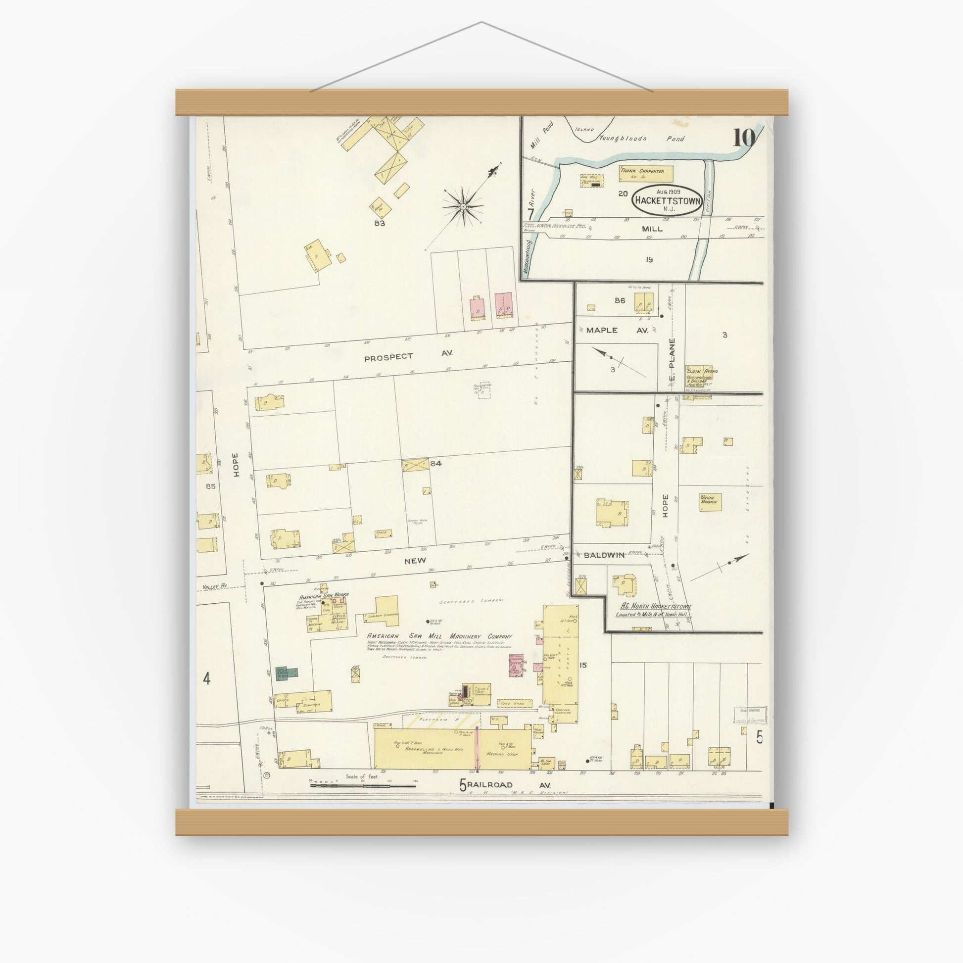 Old map wall art mockup — magnetic wood frame on white wall — Sanborn Fire Insurance Map from Hackettstown, Warren County, New Jersey (1909), Sheet #0010