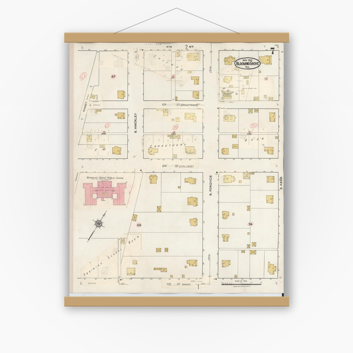 Old map wall art mockup — magnetic wood frame on white wall — Sanborn Fire Insurance Map from Blooming Grove, Navarro County, Texas (1934), Sheet #0007
