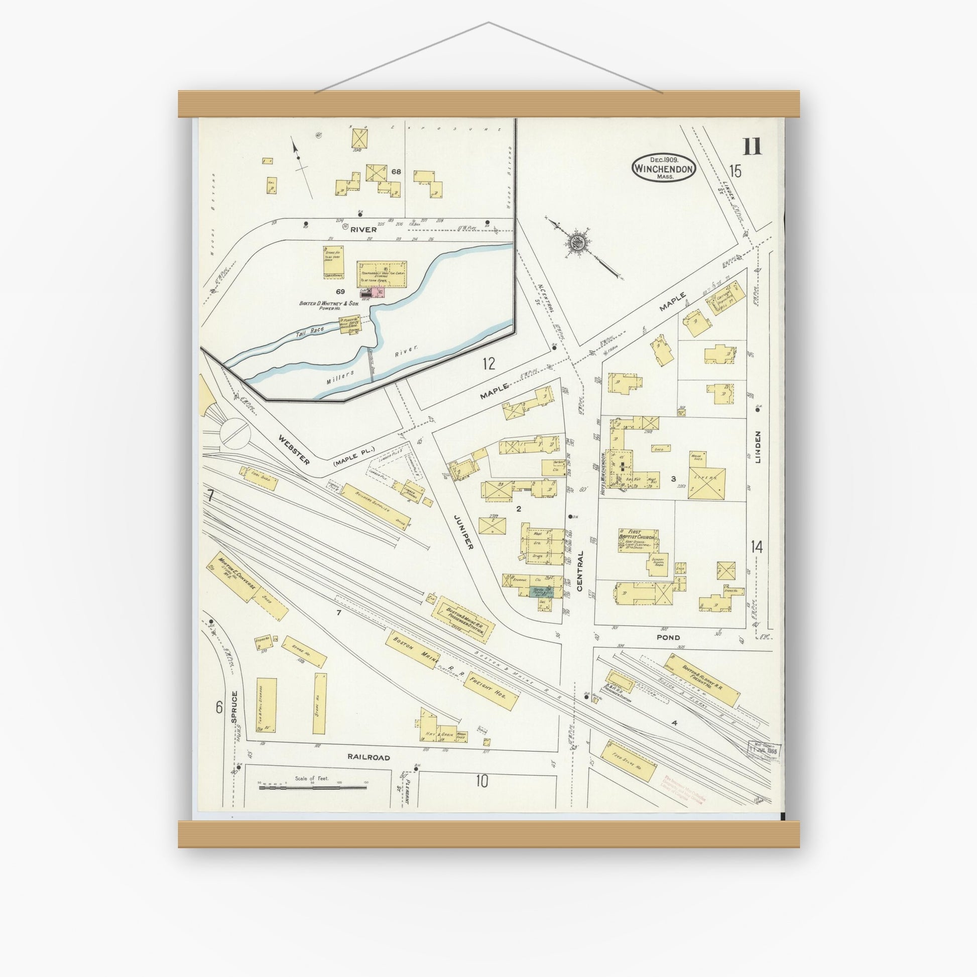 Old map wall art mockup — magnetic wood frame on white wall — Sanborn Fire Insurance Map from Winchendon, Worcester County, Massachusetts (1909), Sheet #0011