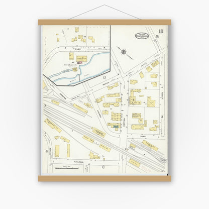 Old map wall art mockup — magnetic wood frame on white wall — Sanborn Fire Insurance Map from Winchendon, Worcester County, Massachusetts (1909), Sheet #0011