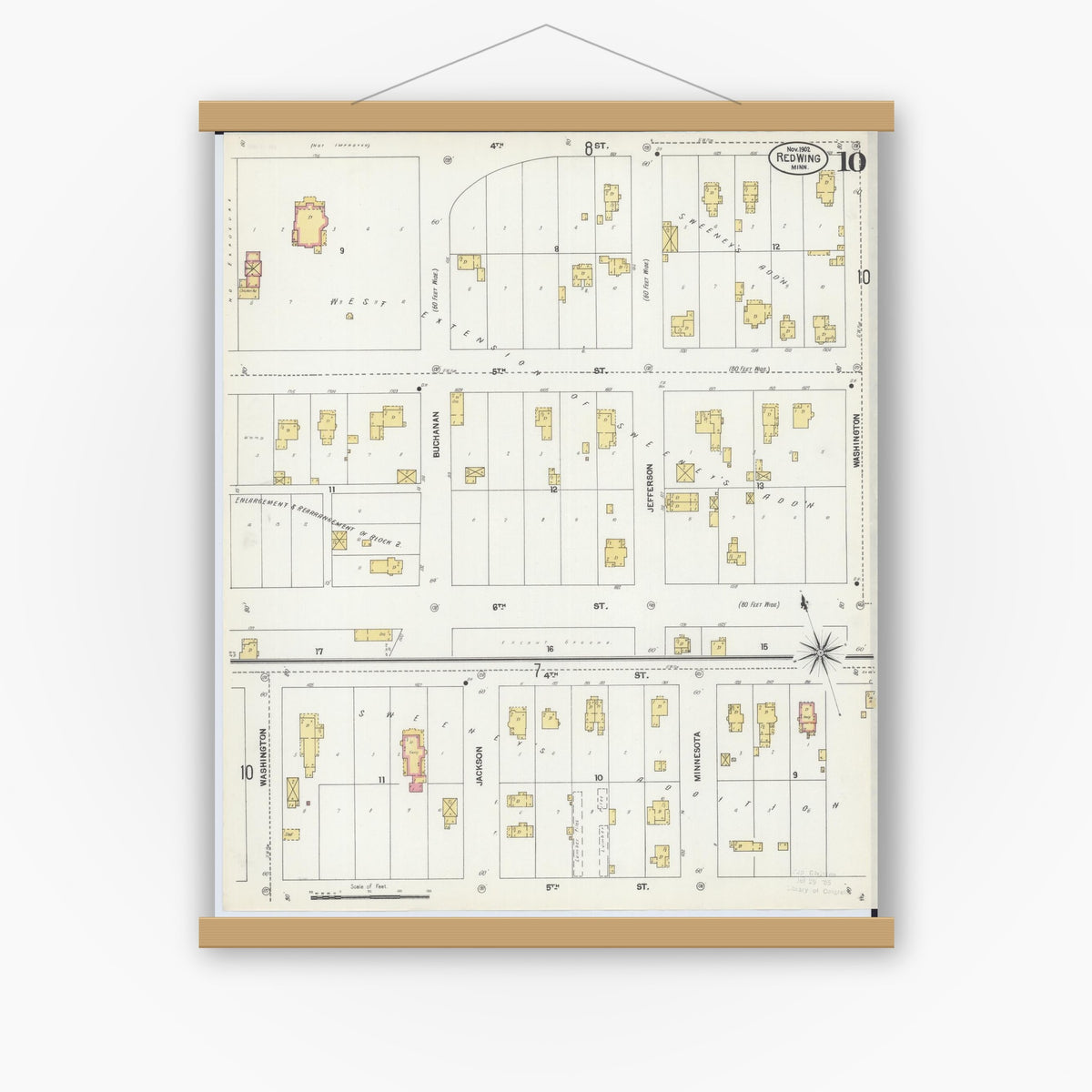 Old map wall art mockup — magnetic wood frame on white wall — Sanborn Fire Insurance Map from Red Wing, Goodhue County, Minnesota (1902), Sheet #0010