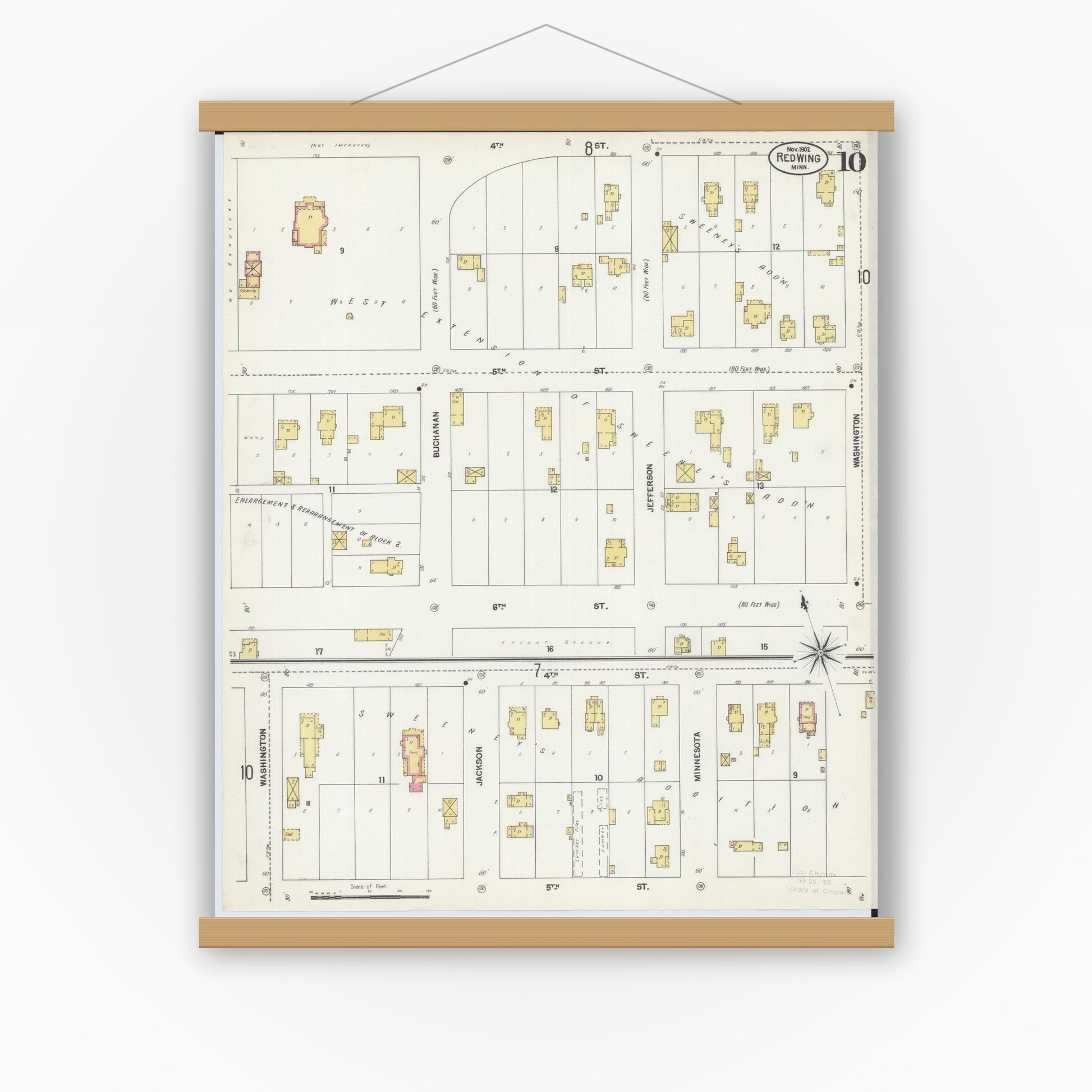 Old map wall art mockup — magnetic wood frame on white wall — Sanborn Fire Insurance Map from Red Wing, Goodhue County, Minnesota (1902), Sheet #0010