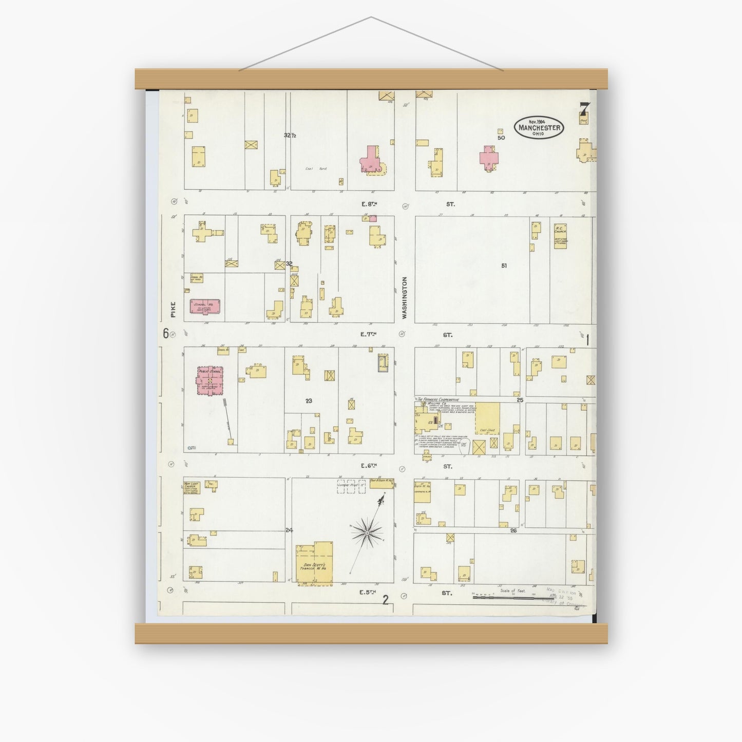 Old map wall art mockup — magnetic wood frame on white wall — Sanborn Fire Insurance Map from Manchester, Adams County, Ohio (1904), Sheet #0007