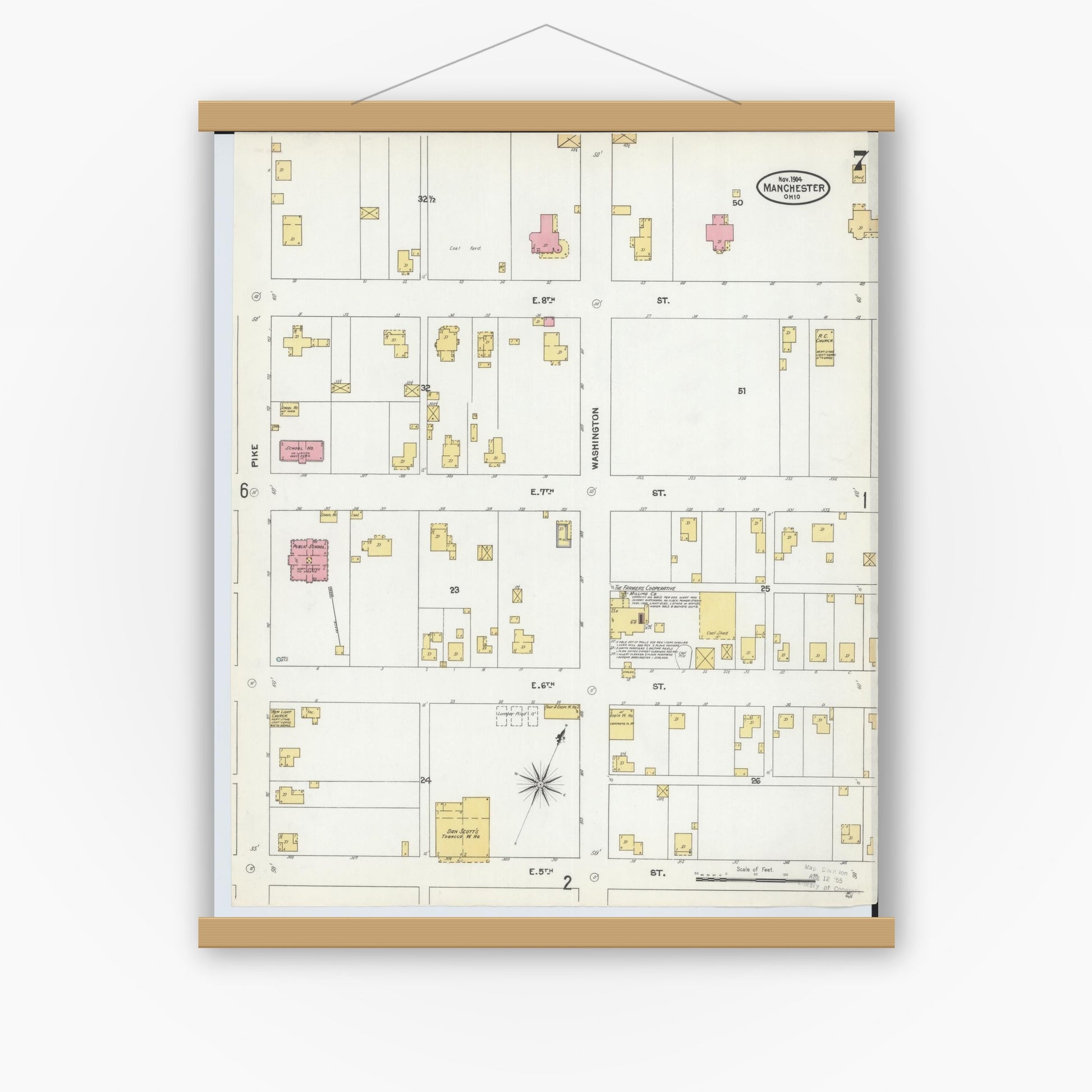 Old map wall art mockup — magnetic wood frame on white wall — Sanborn Fire Insurance Map from Manchester, Adams County, Ohio (1904), Sheet #0007