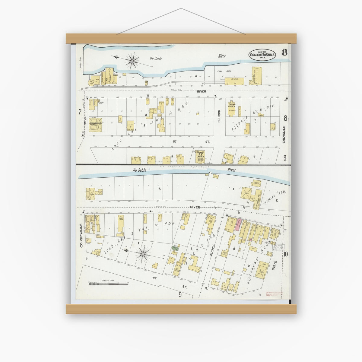 Old map wall art mockup — magnetic wood frame on white wall — Sanborn Fire Insurance Map from Oscoda, Iosco County, Michigan (1901), Sheet #0008
