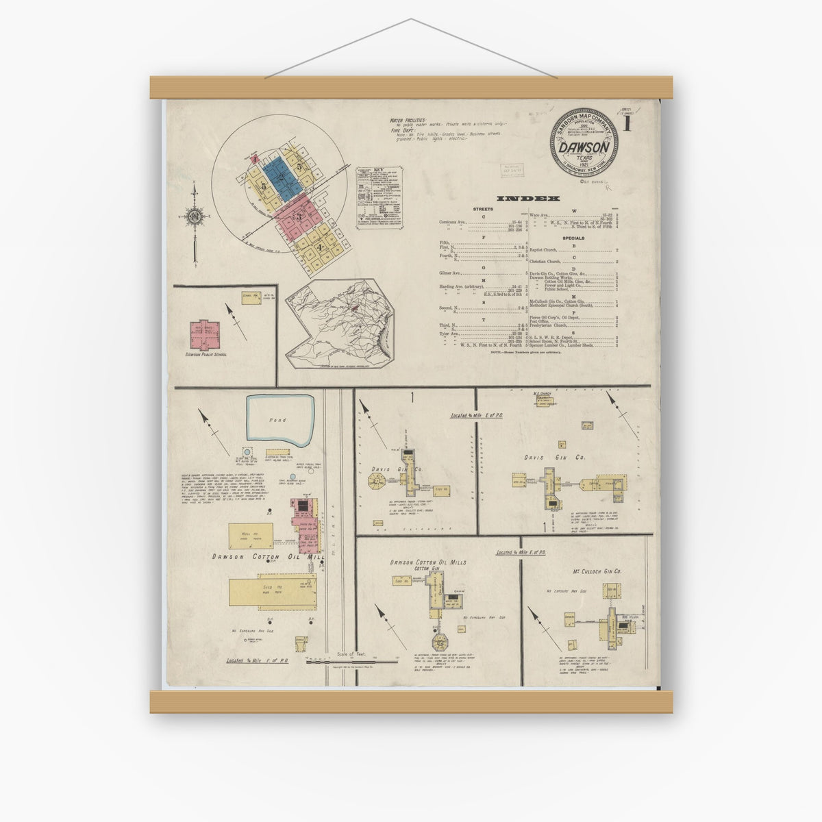 Old map wall art mockup — magnetic wood frame on white wall — Sanborn Fire Insurance Map from Dawson, Navarro County, Texas (1921) - Complete Map Set