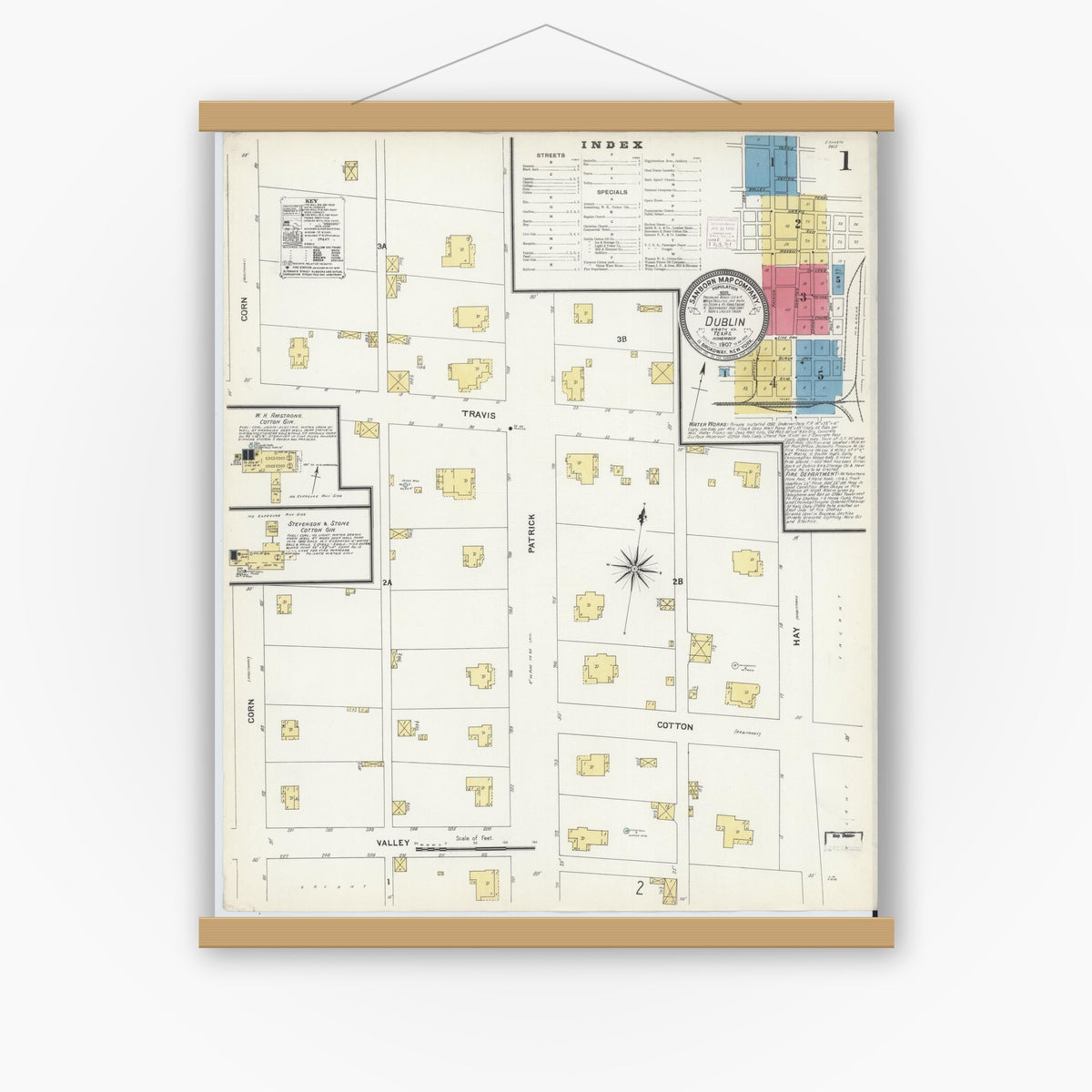 Old map wall art mockup — magnetic wood frame on white wall — Sanborn Fire Insurance Map from Dublin, Erath County, Texas (1907) - Complete Map Set
