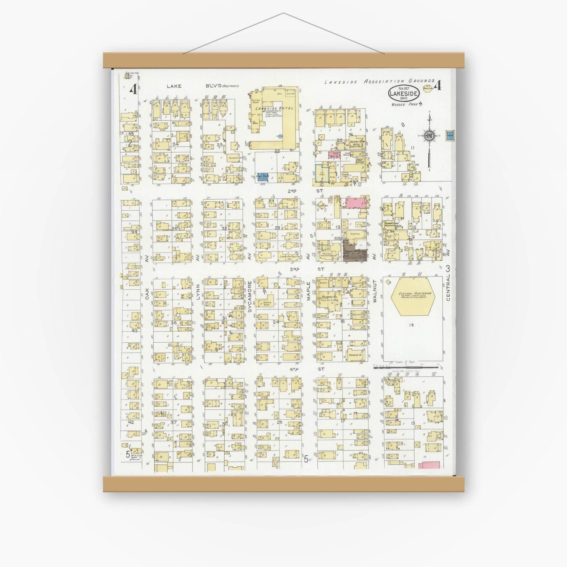Old map wall art mockup — magnetic wood frame on white wall — Sanborn Fire Insurance Map from Lakeside, Ottawa County, Ohio (1927), Sheet #0004