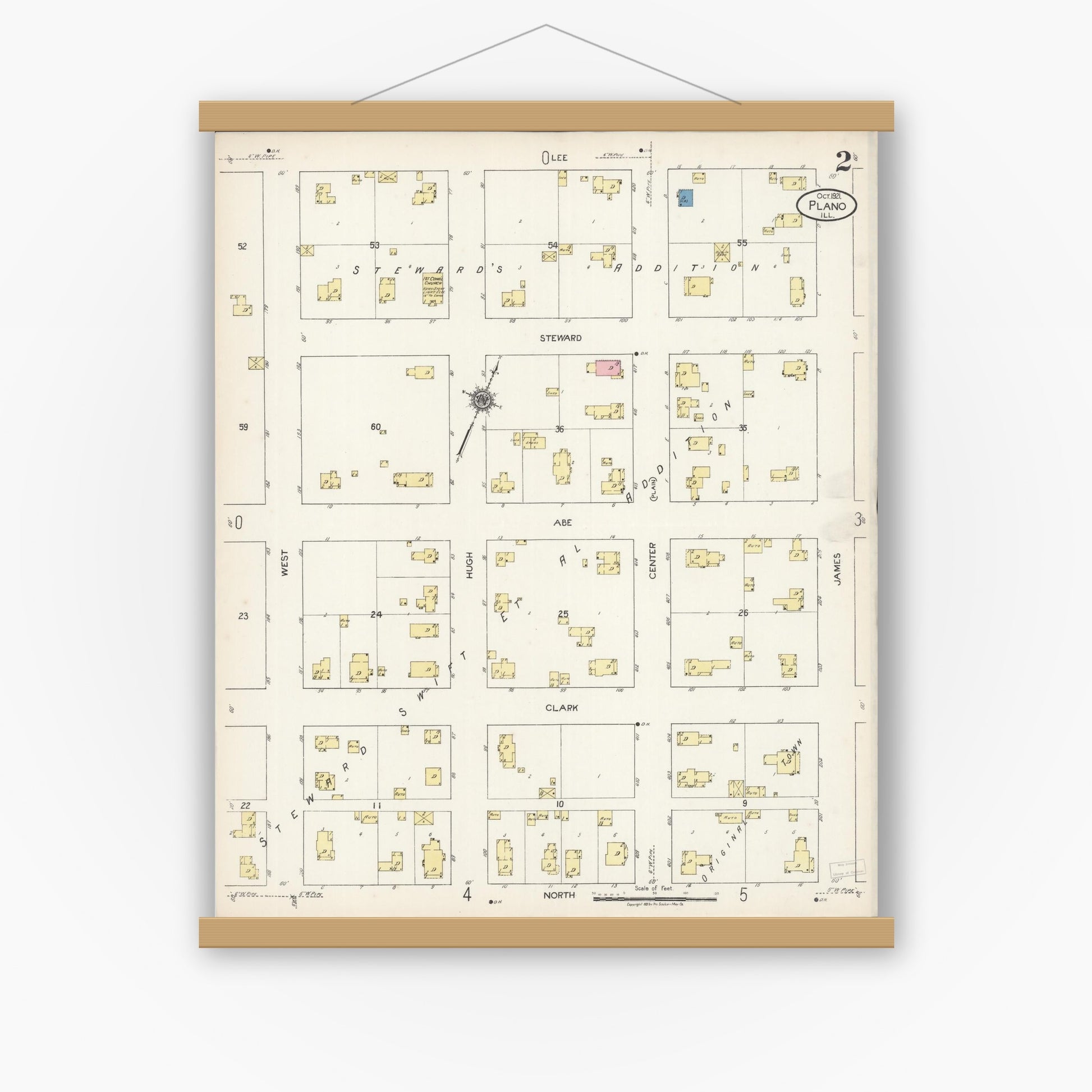 Old map wall art mockup — magnetic wood frame on white wall — Sanborn Fire Insurance Map from Plano, Kendall County, Illinois (1921), Sheet #0002