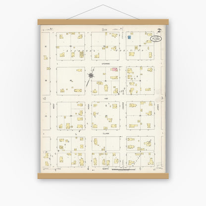 Old map wall art mockup — magnetic wood frame on white wall — Sanborn Fire Insurance Map from Plano, Kendall County, Illinois (1921), Sheet #0002