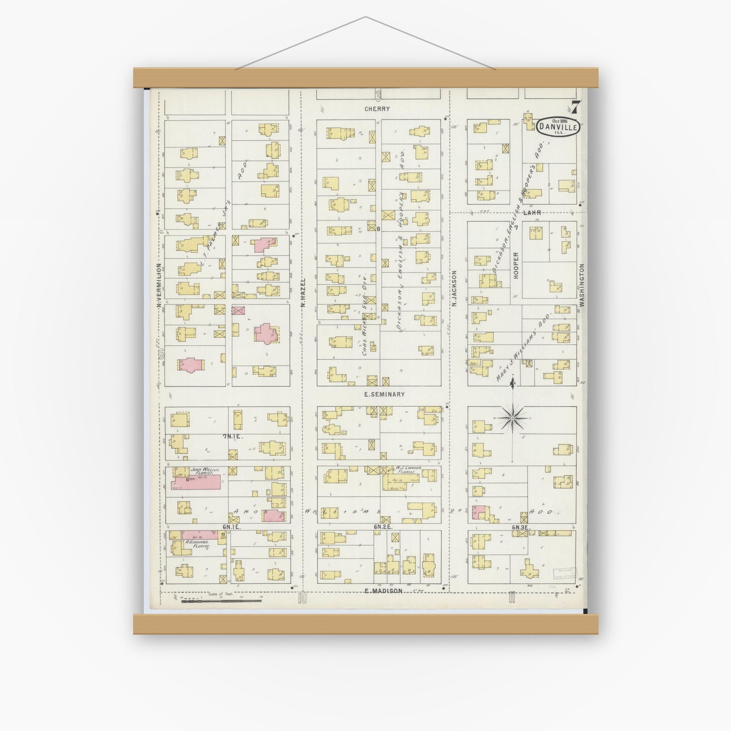 Old map wall art mockup — magnetic wood frame on white wall — Sanborn Fire Insurance Map from Danville, Vermilion County, Illinois (1895), Sheet #0007