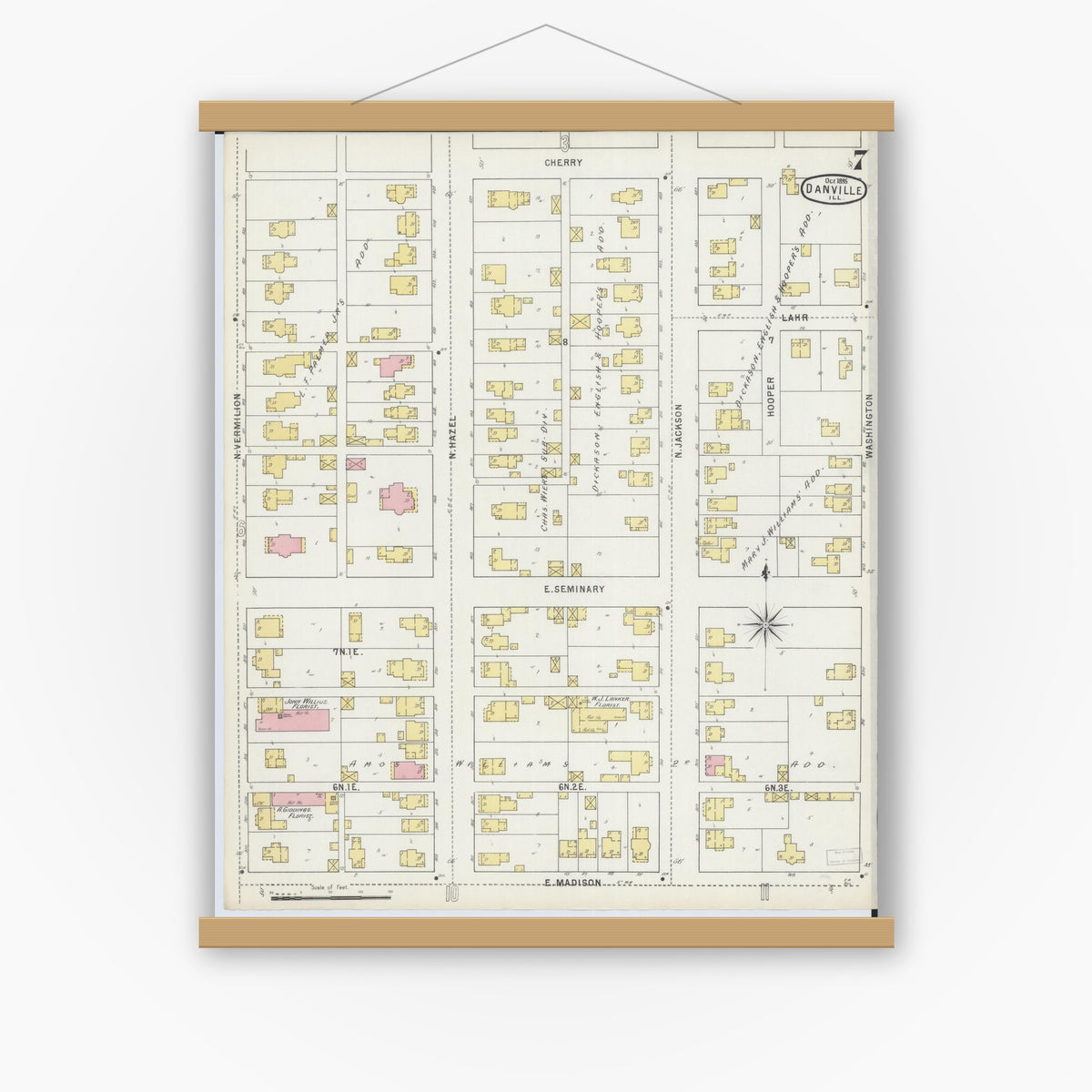 Old map wall art mockup — magnetic wood frame on white wall — Sanborn Fire Insurance Map from Danville, Vermilion County, Illinois (1895), Sheet #0007