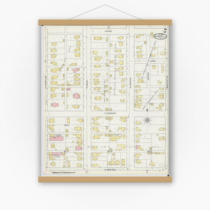 Old map wall art mockup — magnetic wood frame on white wall — Sanborn Fire Insurance Map from Danville, Vermilion County, Illinois (1895), Sheet #0007