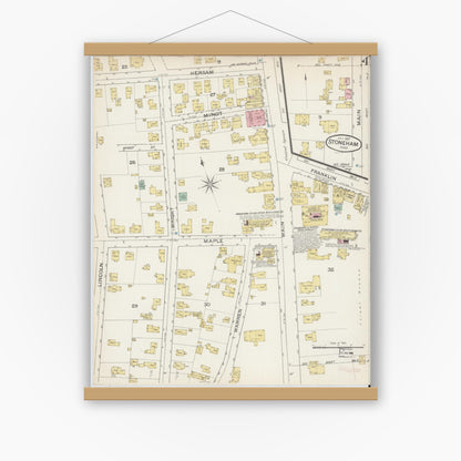 Old map wall art mockup — magnetic wood frame on white wall — Sanborn Fire Insurance Map from Stoneham, Middlesex County, Massachusetts (1887), Sheet #0004