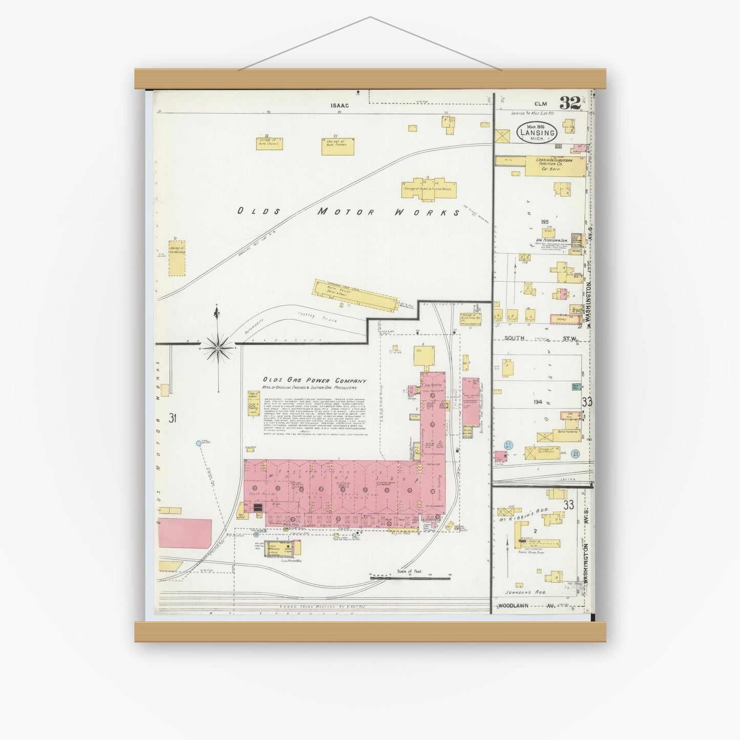 Old map wall art mockup — magnetic wood frame on white wall — Sanborn Fire Insurance Map from Lansing, Ingham County, Michigan (1906), Sheet #0032