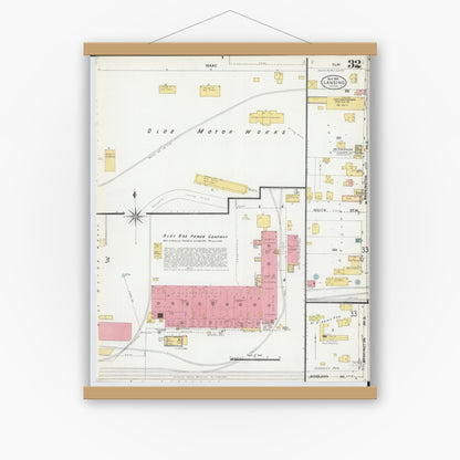 Old map wall art mockup — magnetic wood frame on white wall — Sanborn Fire Insurance Map from Lansing, Ingham County, Michigan (1906), Sheet #0032