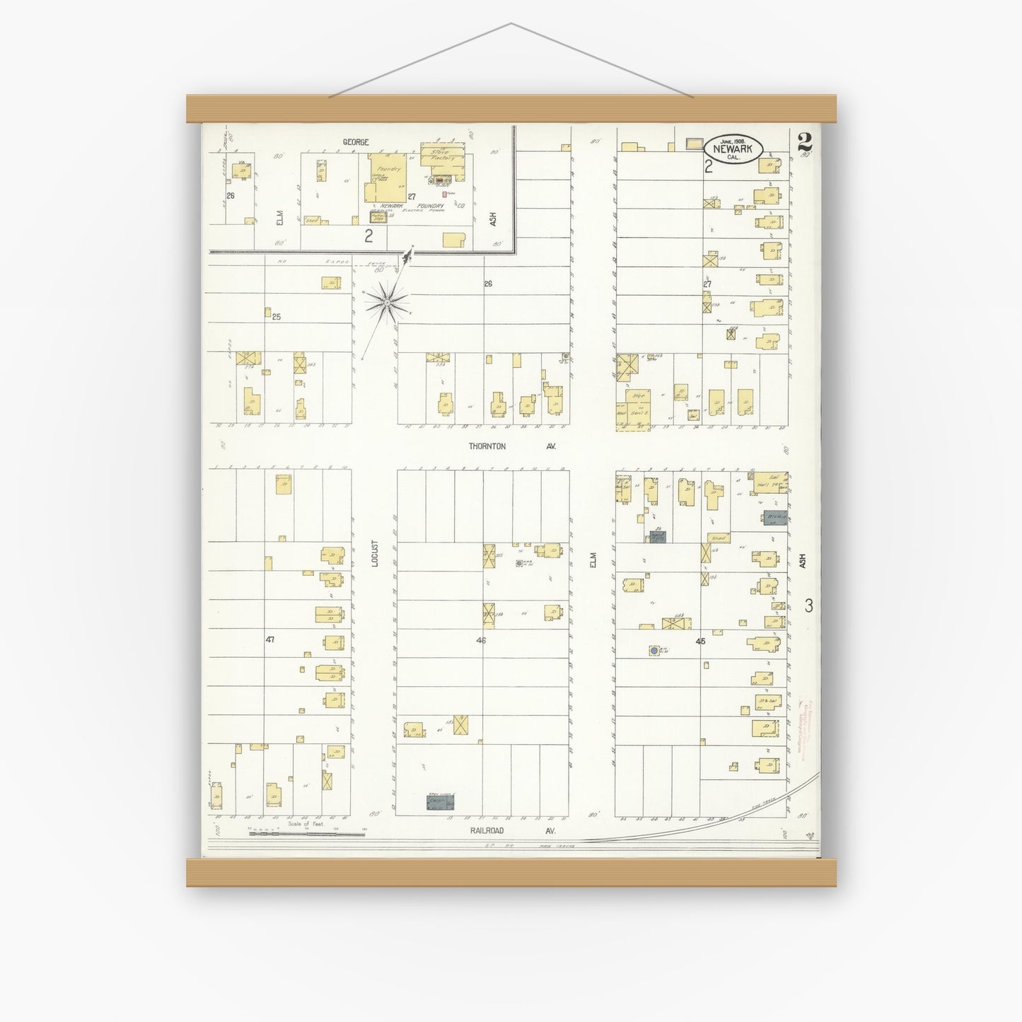 Old map wall art mockup — magnetic wood frame on white wall — Sanborn Fire Insurance Map from Newark, Alameda County, California (1908), Sheet #0002