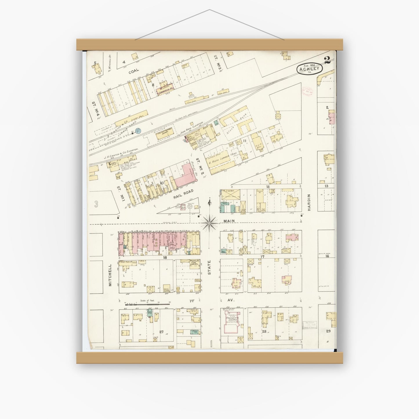 Old map wall art mockup — magnetic wood frame on white wall — Sanborn Fire Insurance Map from Ackley, Hardin and Franklin Counties, Iowa (1894), Sheet #0002